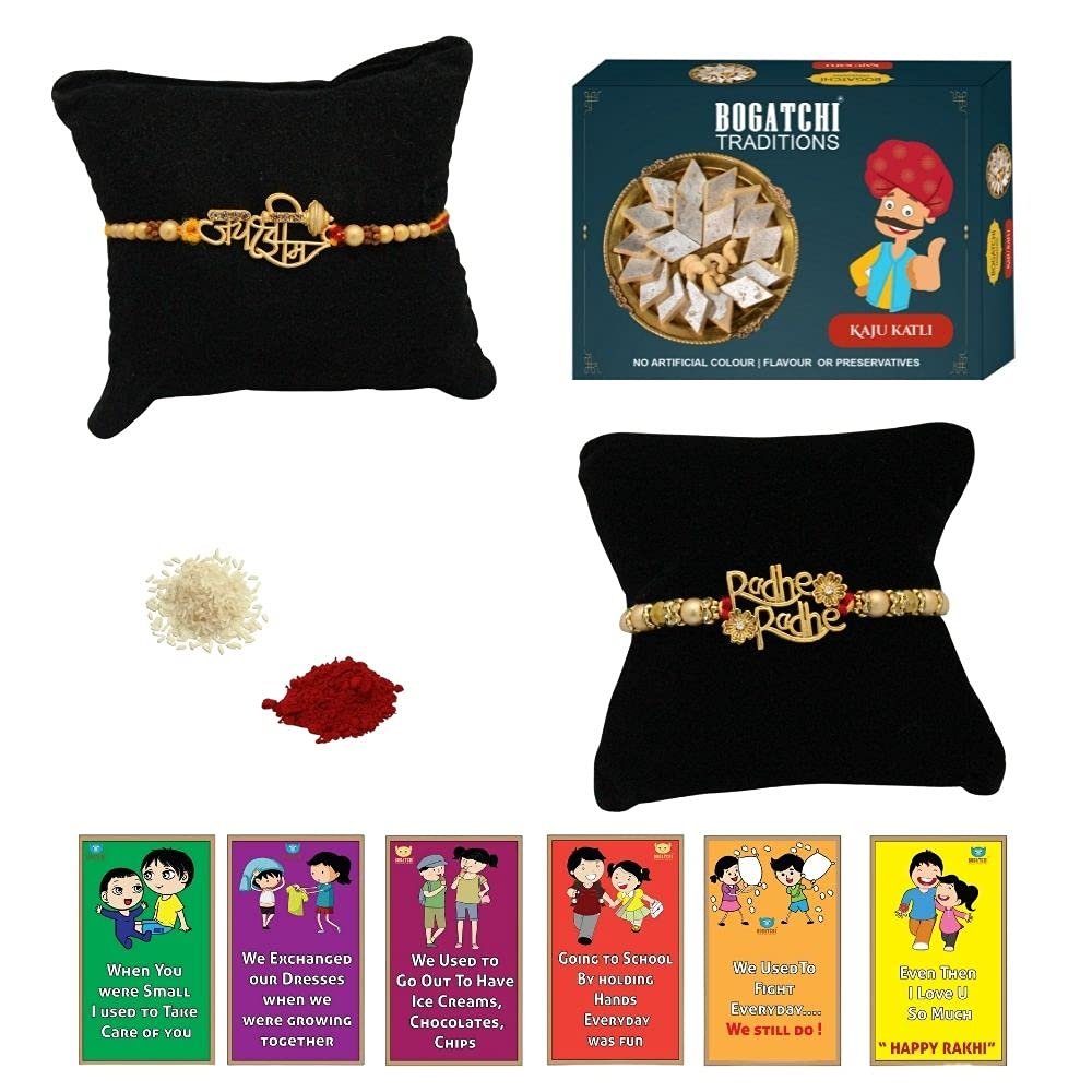 BOGATCHI Rakhi with Sweets, Rakhi for brother with sweets, Rakhi with sweets for brother, Rakhi for brother with gift sweets, Kaju Katli + Rakhi Set of 2 +Roli Chawal+ Rakhi Story Card |KAJURKHI-2-54
