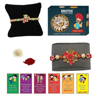 BOGATCHI Rakhi with Sweets, Rakhi for brother with sweets, Rakhi with sweets for brother, Rakhi for brother with gift sweets, Kaju Katli + Rakhi Set of 2 +Roli Chawal+ Rakhi Story Card |KAJURKHI-2-75