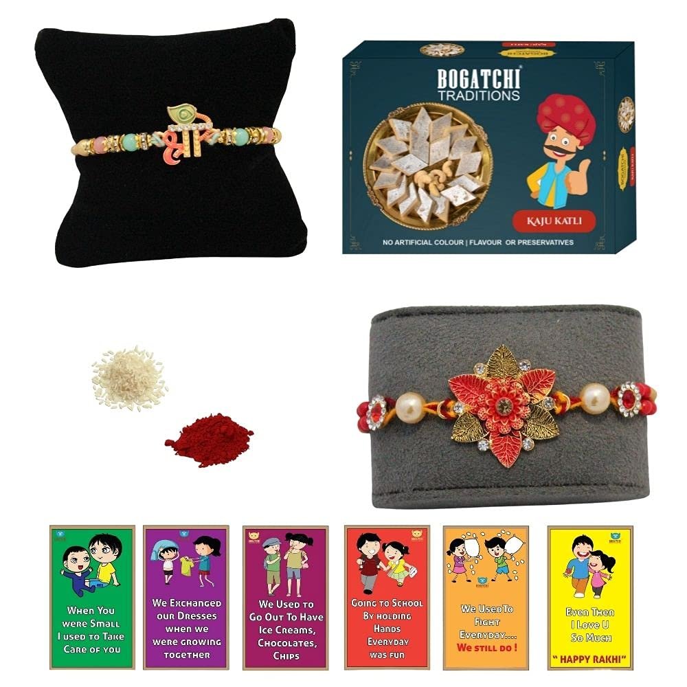 BOGATCHI Rakhi with Sweets, Rakhi for brother with sweets, Rakhi with sweets for brother, Rakhi for brother with gift sweets, Kaju Katli + Rakhi Set of 2 +Roli Chawal+ Rakhi Story Card |KAJURKHI-2-75