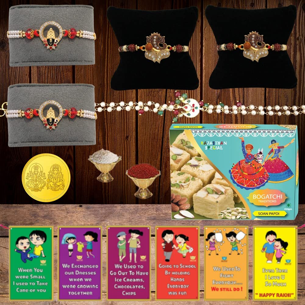 BOGATCHI Rakhi with Sweets, Rakhi for brother with sweets, Rakhi with sweets for brother, Rakhi for brother with gift sweets, Soan Papdi + Rakhi Set of 4 +Roli Chawal+ Rakhi Card |KAJURKHI-4-110