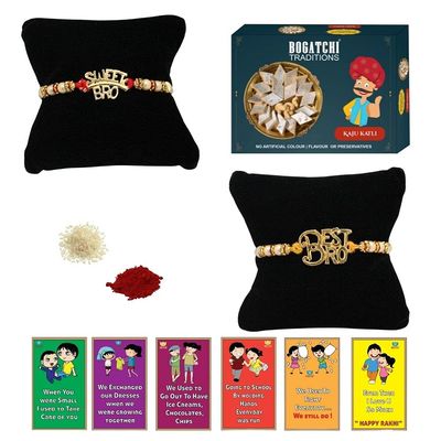 BOGATCHI Rakhi with Sweets, Rakhi for brother with sweets, Rakhi with sweets for brother, Rakhi for brother with gift sweets, Kaju Katli + Rakhi Set of 2 +Roli Chawal+ Rakhi Story Card |KAJURKHI-2-57