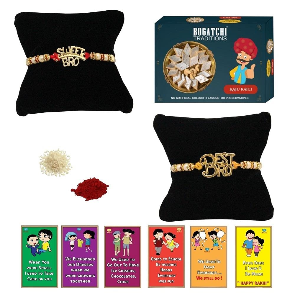 BOGATCHI Rakhi with Sweets, Rakhi for brother with sweets, Rakhi with sweets for brother, Rakhi for brother with gift sweets, Kaju Katli + Rakhi Set of 2 +Roli Chawal+ Rakhi Story Card |KAJURKHI-2-57