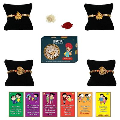 BOGATCHI Rakhi with Sweets, Rakhi for brother with sweets, Rakhi with sweets for brother, Rakhi for brother with gift sweets, Kaju Katli + Rakhi Set of 4 +Roli Chawal+ Rakhi Story Card |KAJURKHI-4-109