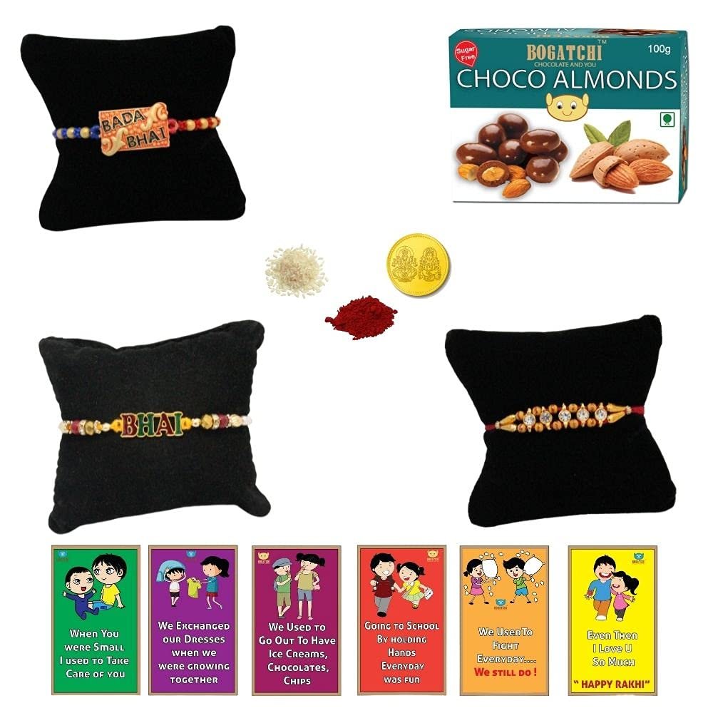 BOGATCHI Rakhi with SugarFree Chocolates Combo|Rakhi Set with Sugar Free Chocolates |Rakhi and Sugar Free Chocolate Almonds(100g)+Rakhi(3) +Roli Chawal+ Rakhi Card +Gold Coin|ChAlmd033