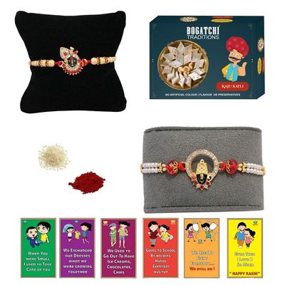 BOGATCHI Rakhi with Sweets, Rakhi for brother with sweets, Rakhi with sweets for brother, Rakhi for brother with gift sweets, Kaju Katli + Rakhi Set of 2 +Roli Chawal+ Rakhi Story Card |KAJURKHI-2-67