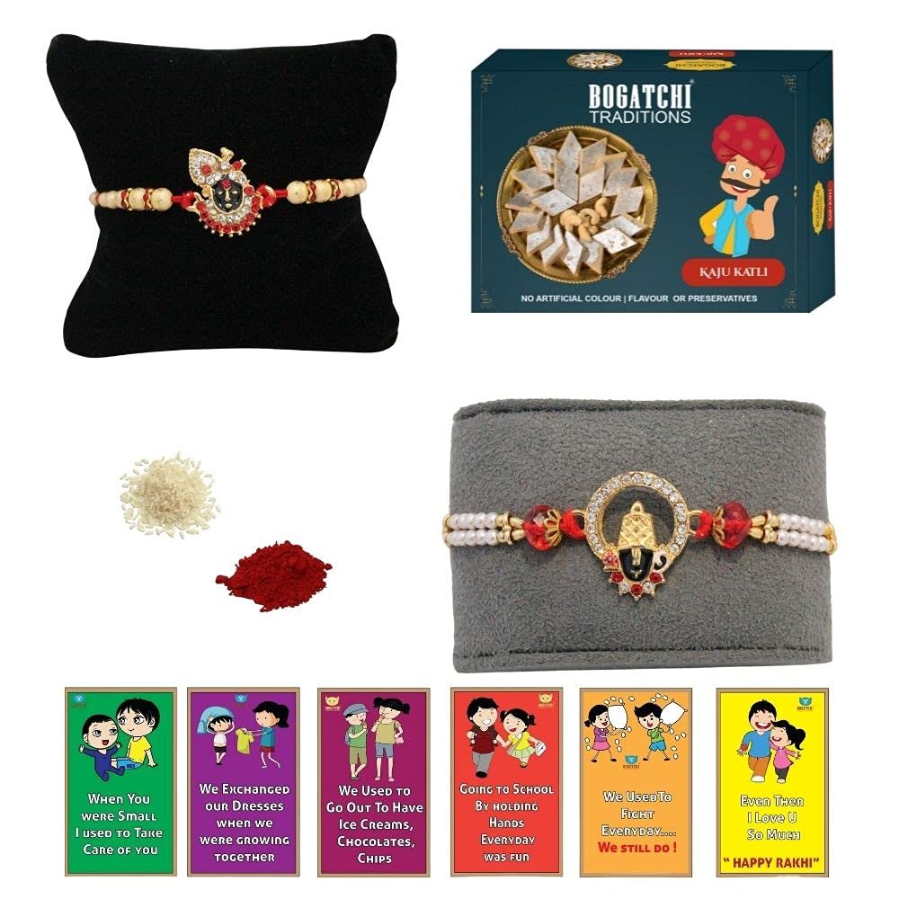 BOGATCHI Rakhi with Sweets, Rakhi for brother with sweets, Rakhi with sweets for brother, Rakhi for brother with gift sweets, Kaju Katli + Rakhi Set of 2 +Roli Chawal+ Rakhi Story Card |KAJURKHI-2-67