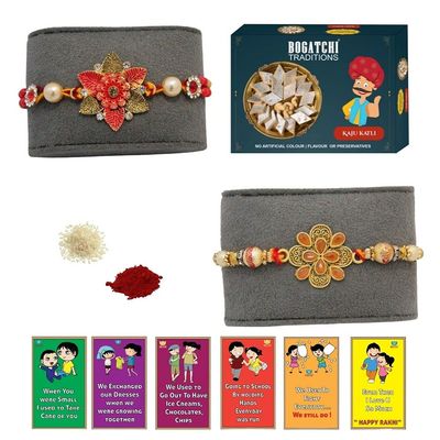 BOGATCHI Rakhi with Sweets, Rakhi for brother with sweets, Rakhi with sweets for brother, Rakhi for brother with gift sweets, Kaju Katli + Rakhi Set of 2 +Roli Chawal+ Rakhi Story Card |KAJURKHI-2-83