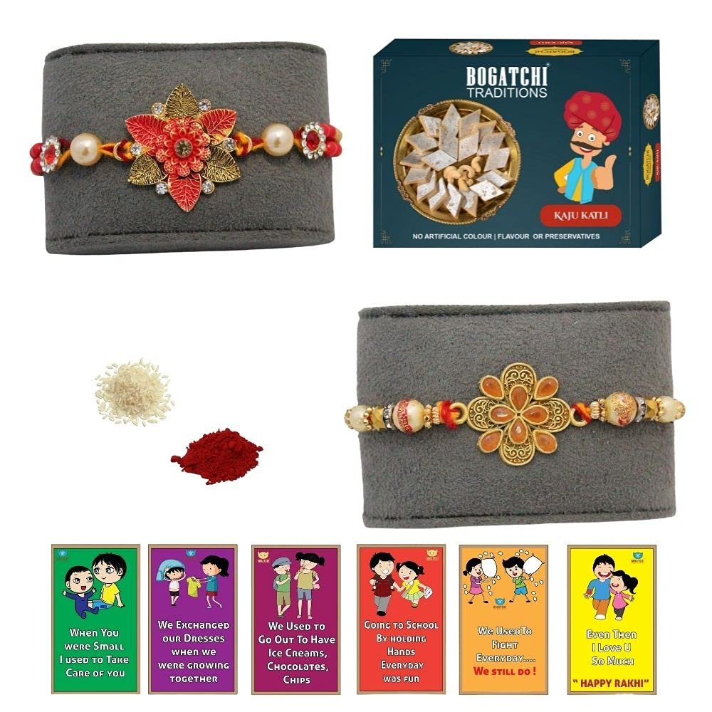 BOGATCHI Rakhi with Sweets, Rakhi for brother with sweets, Rakhi with sweets for brother, Rakhi for brother with gift sweets, Kaju Katli + Rakhi Set of 2 +Roli Chawal+ Rakhi Story Card |KAJURKHI-2-83