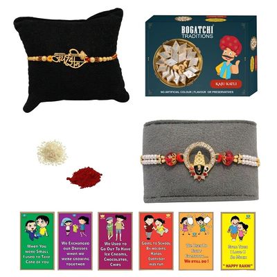 BOGATCHI Rakhi with Sweets, Rakhi for brother with sweets, Rakhi with sweets for brother, Rakhi for brother with gift sweets, Kaju Katli + Rakhi Set of 2 +Roli Chawal+ Rakhi Story Card |KAJURKHI-2-65