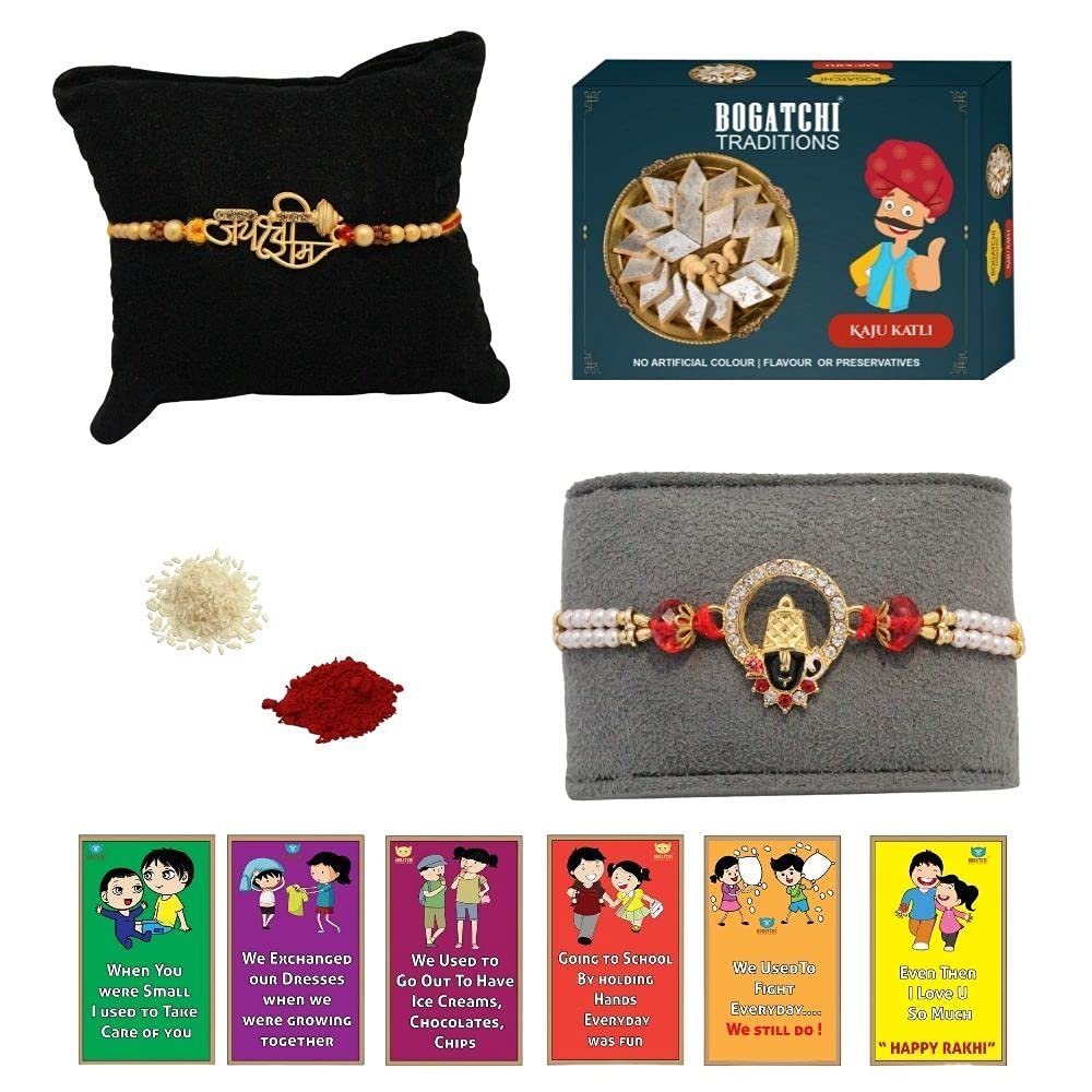 BOGATCHI Rakhi with Sweets, Rakhi for brother with sweets, Rakhi with sweets for brother, Rakhi for brother with gift sweets, Kaju Katli + Rakhi Set of 2 +Roli Chawal+ Rakhi Story Card |KAJURKHI-2-65