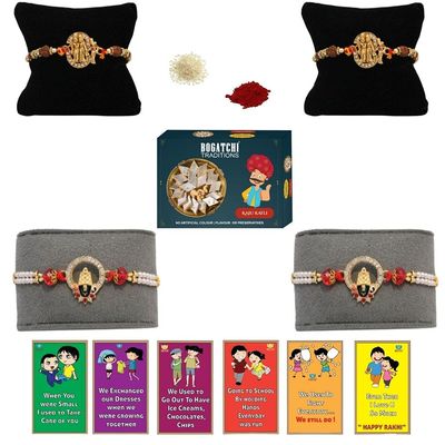 BOGATCHI Rakhi with Sweets, Rakhi for brother with sweets, Rakhi with sweets for brother, Rakhi for brother with gift sweets, Kaju Katli + Rakhi Set of 4 +Roli Chawal+ Rakhi Story Card |KAJURKHI-4-111
