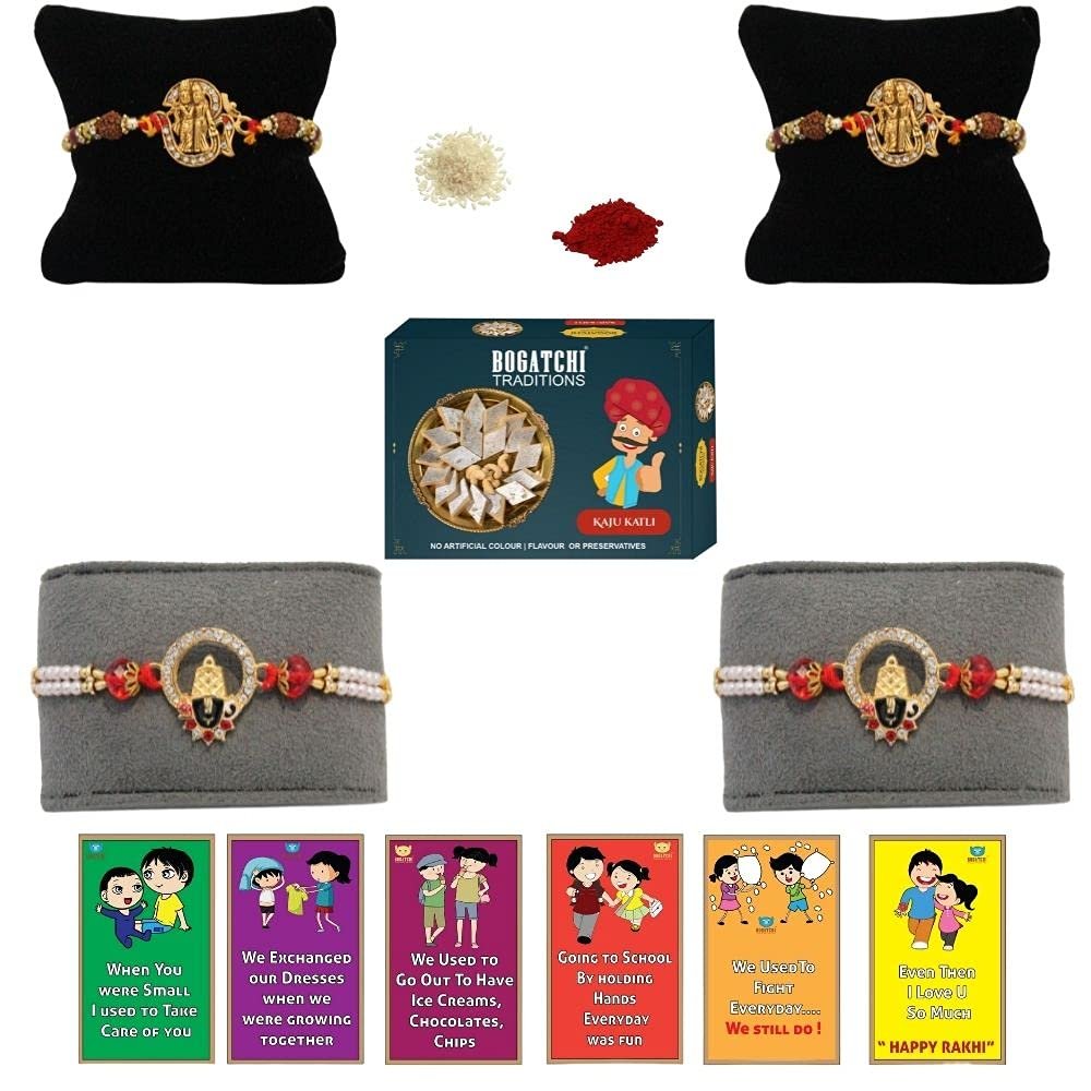 BOGATCHI Rakhi with Sweets, Rakhi for brother with sweets, Rakhi with sweets for brother, Rakhi for brother with gift sweets, Kaju Katli + Rakhi Set of 4 +Roli Chawal+ Rakhi Story Card |KAJURKHI-4-111