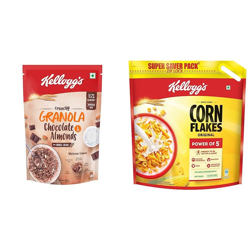 Kellogg's Crunchy Granola Chocolate & Almonds | Breakfast Cereals | Multigrain Flakes, 450g, Kellogg's Corn Flakes Original, High in Iron, High in B Group Vitamins, Breakfast Cereals, 1.2 kg Pack