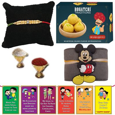 BOGATCHI rakhi for brother with sweets, rakhi for brother combo with sweets, rakhi and sweets for brother, rakhi with sweetsBesan Ladoo + Rakhi Set of 2 +Roli Chawal+ Rakhi Card |C74