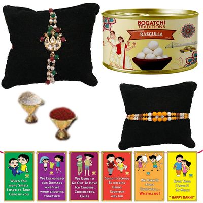 BOGATCHI rakhi for brother with sweets, rakhi for brother combo with sweets, rakhi and sweets for brother, rakhi with sweetsRasgulla +Rakhi Set of 2 +Roli Chawal+ Rakhi Card |C87