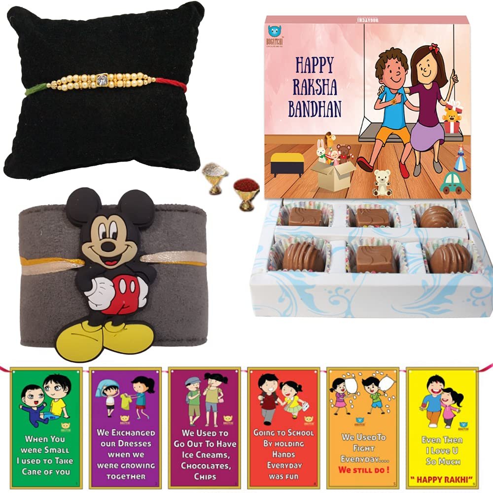 BOGATCHI rakhi for brother combo with chocolate, rakhi with chocolates gift pack, rakhi for brother with chocolate, rakhi Chocolate Box 6pcs + Rakhi Set of 2 +Roli Chawal+ Rakhi Card |C82