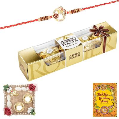 Astonished Retail 4 Pieces Rocher, Rakhi, Rakhi Greeting Card & Decorative Kuk Kum Plate | 4 Pieces Ferrero Rocher Chocolate, Rakhi Card, Pooja Thali | 4 Pieces Ferrero Rocher Rakhi Gift Hamper | 10