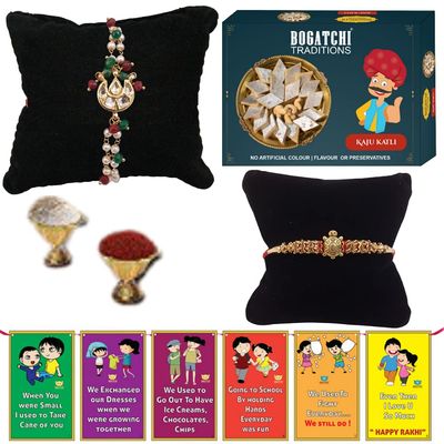 BOGATCHI rakhi for brother with sweets, rakhi for brother combo with sweets, rakhi and sweets for brother, rakhi with sweetsKaju Katli + Rakhi Set of 2 +Roli Chawal+ Rakhi Card |C133