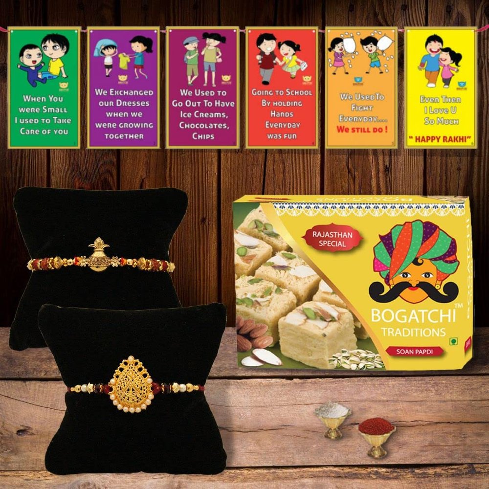 BOGATCHI rakhi for brother with sweets, rakhi for brother combo with sweets, rakhi with sweet combo, sweets for rakhi, rakhi sweets -Besan Ladoo + Rakhi Set of 2 +Roli Chawal+ Rakhi Card |RKH21d-100