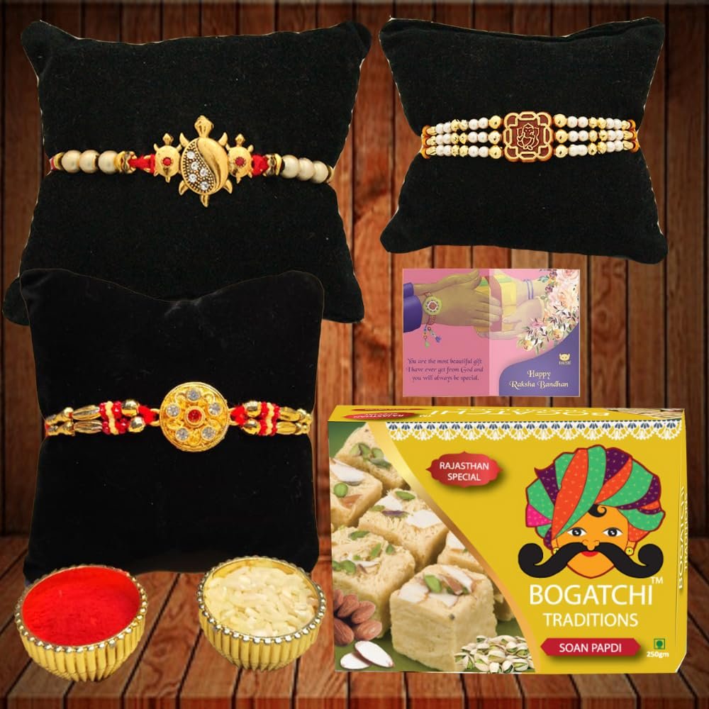 BOGATCHI Rakhi Gift for Brother|Rakhi with Sweets Combo|Rakhi Set with Sweets |Rakhi Gift Combo for Brother|Rakhi Set(Soan papdi 200g + Rakhi-3 + Roli Chawal + Rakhi Story Card|16
