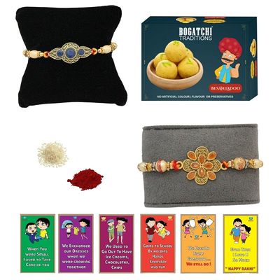 BOGATCHI rakhi for brother with sweets, rakhi for brother combo with sweets, rakhi with sweet combo, sweets for rakhi, rakhi sweets -Besan Ladoo + Rakhi Set of 2 +Roli Chawal+ Rakhi Card |RKH21d-75