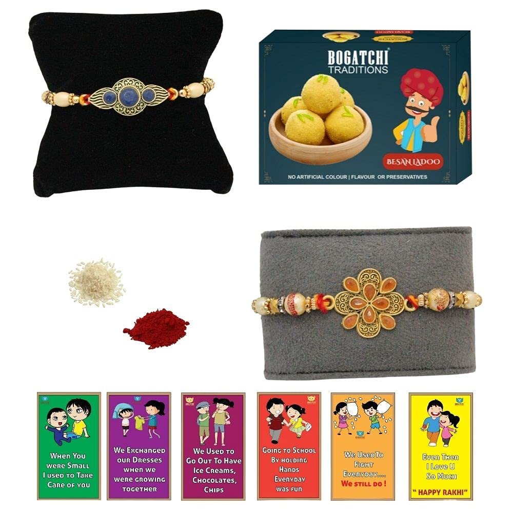 BOGATCHI rakhi for brother with sweets, rakhi for brother combo with sweets, rakhi with sweet combo, sweets for rakhi, rakhi sweets -Besan Ladoo + Rakhi Set of 2 +Roli Chawal+ Rakhi Card |RKH21d-75