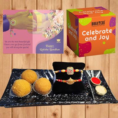 BOGATCHI rakhi for brother with sweets, rakhi for brother combo with sweets, rakhi with sweet combo, sweets for rakhi, rakhi sweets -Besan Ladoo + Rakhi Set of 2 +Roli Chawal+ Rakhi Card |RKH21d-88
