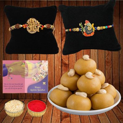 BOGATCHI rakhi for brother with sweets, rakhi for brother combo with sweets, rakhi with sweet combo, sweets for rakhi, rakhi sweets -Besan Ladoo + Rakhi Set of 2 +Roli Chawal+ Rakhi Card |RKH21d-104