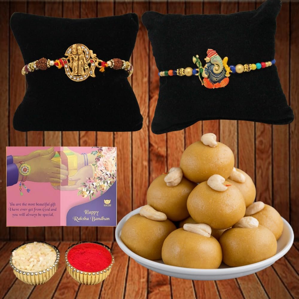 BOGATCHI rakhi for brother with sweets, rakhi for brother combo with sweets, rakhi with sweet combo, sweets for rakhi, rakhi sweets -Besan Ladoo + Rakhi Set of 2 +Roli Chawal+ Rakhi Card |RKH21d-104