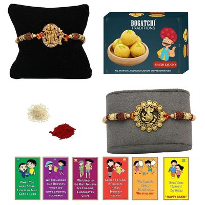 BOGATCHI rakhi for brother with sweets, rakhi for brother combo with sweets, rakhi with sweet combo, sweets for rakhi, rakhi sweets -Besan Ladoo + Rakhi Set of 2 +Roli Chawal+ Rakhi Card |RKH21d-93
