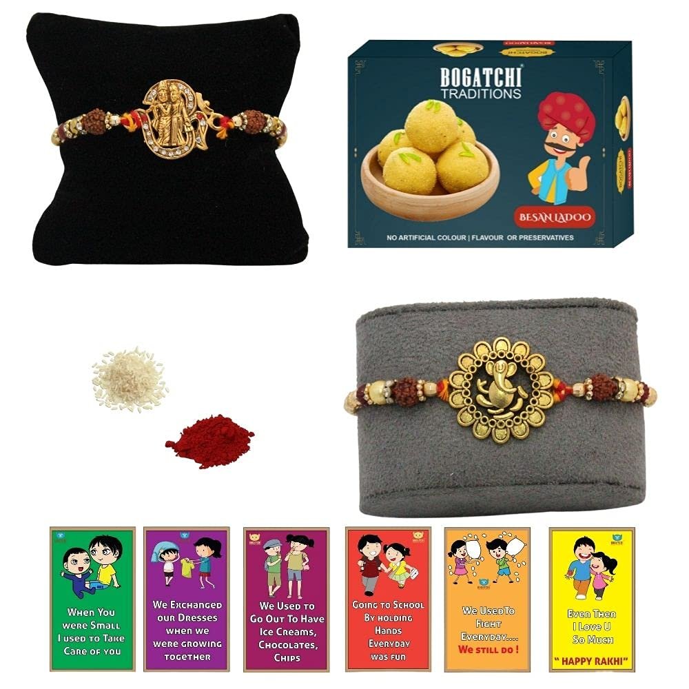 BOGATCHI rakhi for brother with sweets, rakhi for brother combo with sweets, rakhi with sweet combo, sweets for rakhi, rakhi sweets -Besan Ladoo + Rakhi Set of 2 +Roli Chawal+ Rakhi Card |RKH21d-93