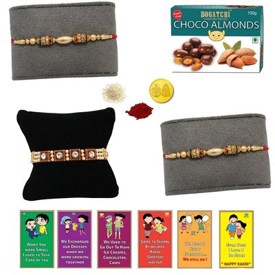 BOGATCHI rakhi for brother combo with chocolate, rakhi with sugarfree chocolates gift pack, rakhi for brother with Sugar free chocolate Almonds(100g)+Rakhi(3) +Roli Chawal+ Rakhi Card +Gold Coin|103