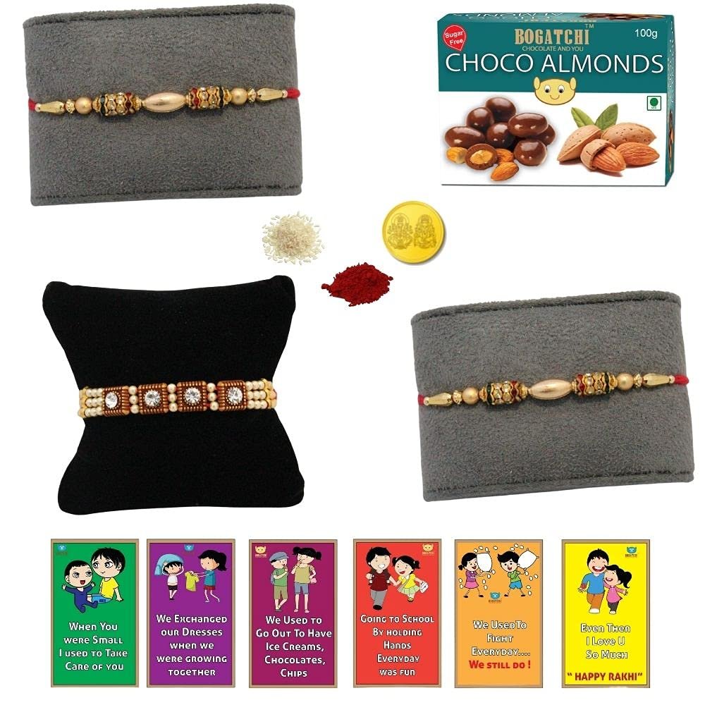 BOGATCHI rakhi for brother combo with chocolate, rakhi with sugarfree chocolates gift pack, rakhi for brother with Sugar free chocolate Almonds(100g)+Rakhi(3) +Roli Chawal+ Rakhi Card +Gold Coin|103