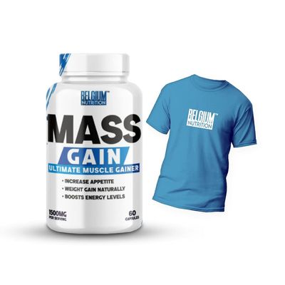 BELGIUM NUTRITION Muscle Gain Mass & Weight Gainer Capsule for Muscle Growth, Stamina & Strength, Fast Weight & Muscle Gain, Weight Gainer Supplement for Men & Women- 60 Cap. | Free T-Shirt