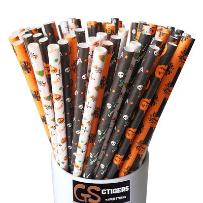 CTIGERS Halloween Party Paper Straws Cute Pumpkins Spiders Skulls Patterns 4 Color Mixed Biodegradable Drinking Straws Box of 100