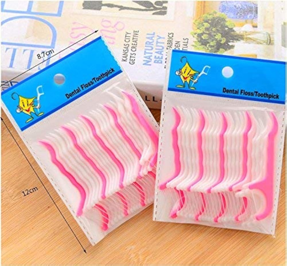 BIRONZA Dental Tooth Pick Flossers Toothpick Cleaners, Tooth Flossing Head Oral Dental Hygiene Brush, Tooth Cleaning Tool ( White Pink ) (Pack of 100Pcs)