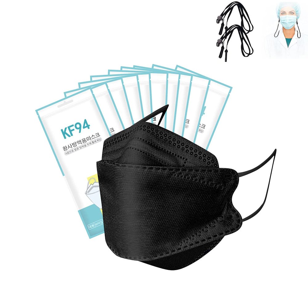 100PCS Adult's Black KF94 Face_KF94_Mask, 4-Ply Filt?r Black KF94 Msk for Adult,3D Design Shape Face Protection Covering -Breathable and comfortable with Msk lanyard accessories
