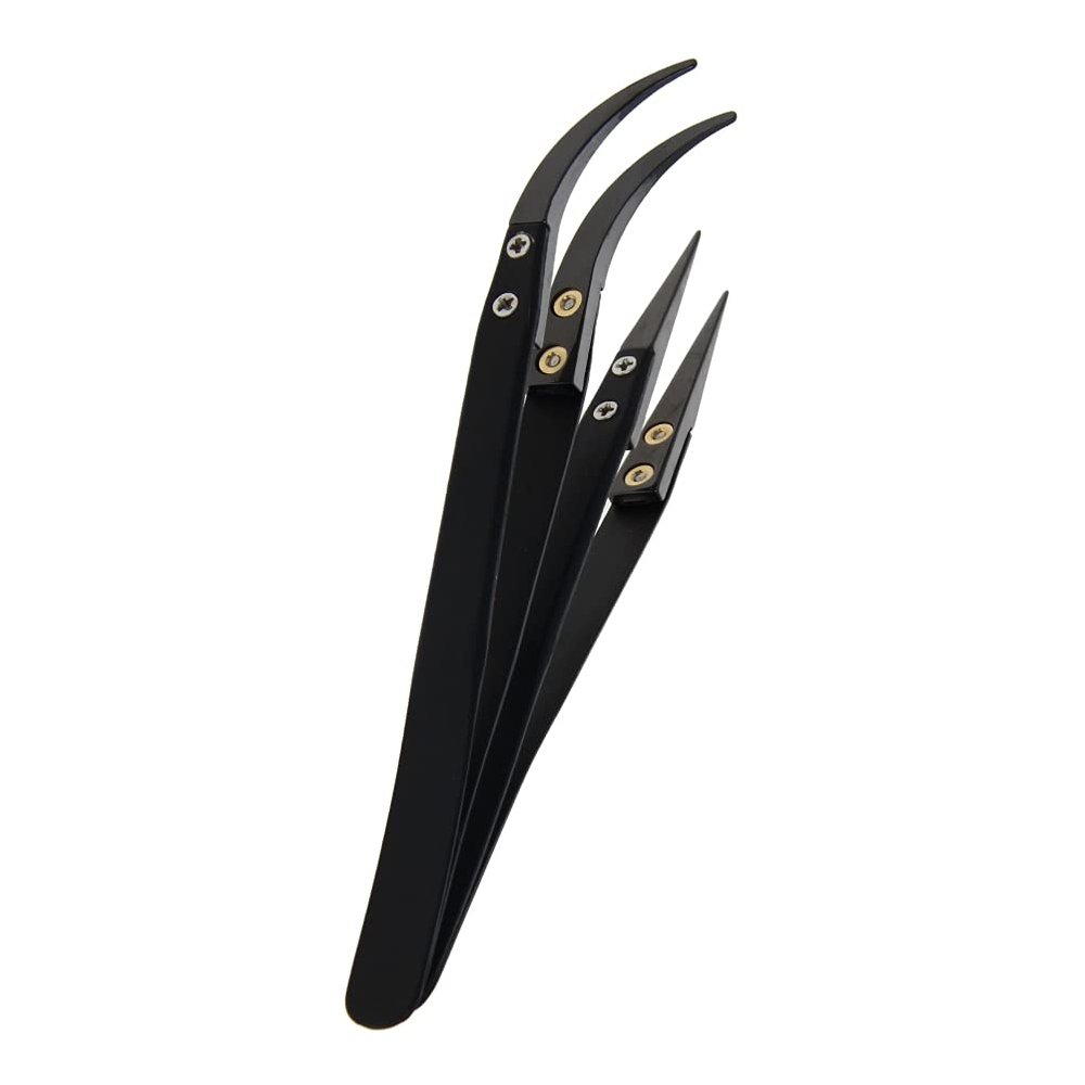 Auniwaig Anti-Static Black Curved/Straight Tweezers Antimagnetic Precision Ceramic Tweezers Non-Conductive Heat Resistant Black Shank for Pinching Coils 2pcs