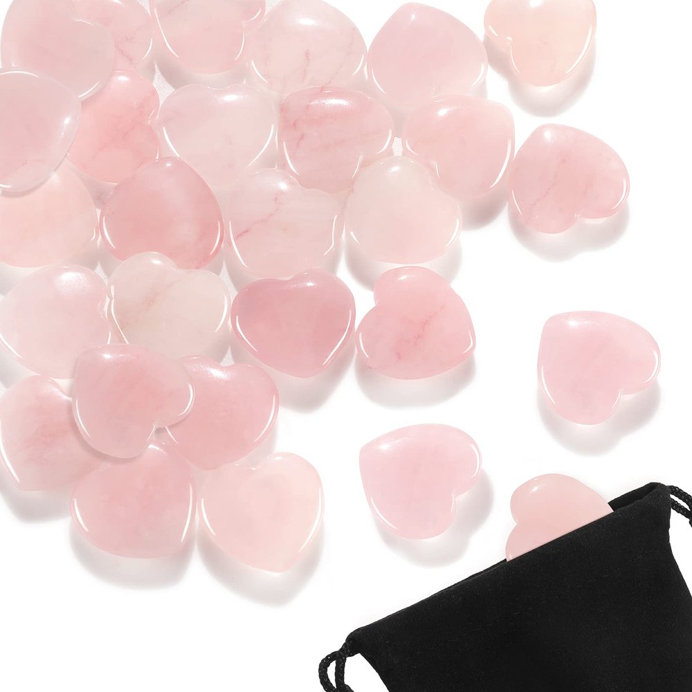 24 Pcs 0.8 Inches Rose Quartz Crystal Heart Love Stones Amethyst Aventurine Tiger Eye Stones Love Carved Palm Worry Stone with Black Flannelette Bag for Reiki Balancing Wedding(Pink)