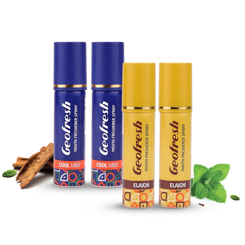 Geofresh Ayurvedic Instant Mouth Freshener Spray 15g (2 - Cool Mint and 2 - Elaichi Flavoured) - Combo Pack of 4