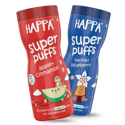 Happa Vanilla Blueberry and Apple Cinnamom Baby Puffs | Melt-in-the-Mouth Finger Food for Babies | Supports Self-Feeding & Baby-Led Weaning | No Artificial Flavours or Colours | Stage 2 (8 Months+) | Pack of 2 (40g Each)
