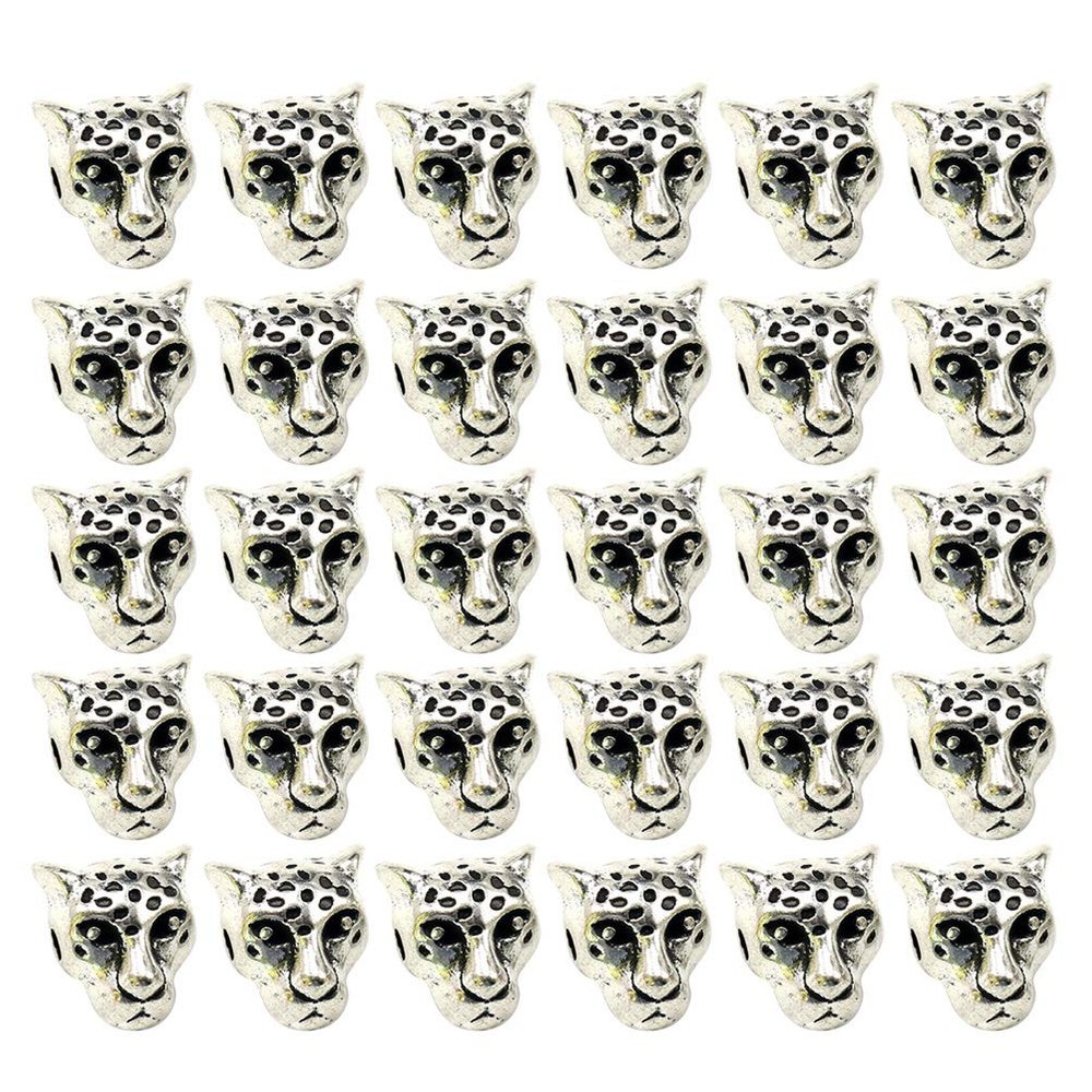 30pcs Alloy Leopard Head Beads DIY Pendants Charms Jewelry Making Accessory for Necklace Bracelet (Antique Silver)