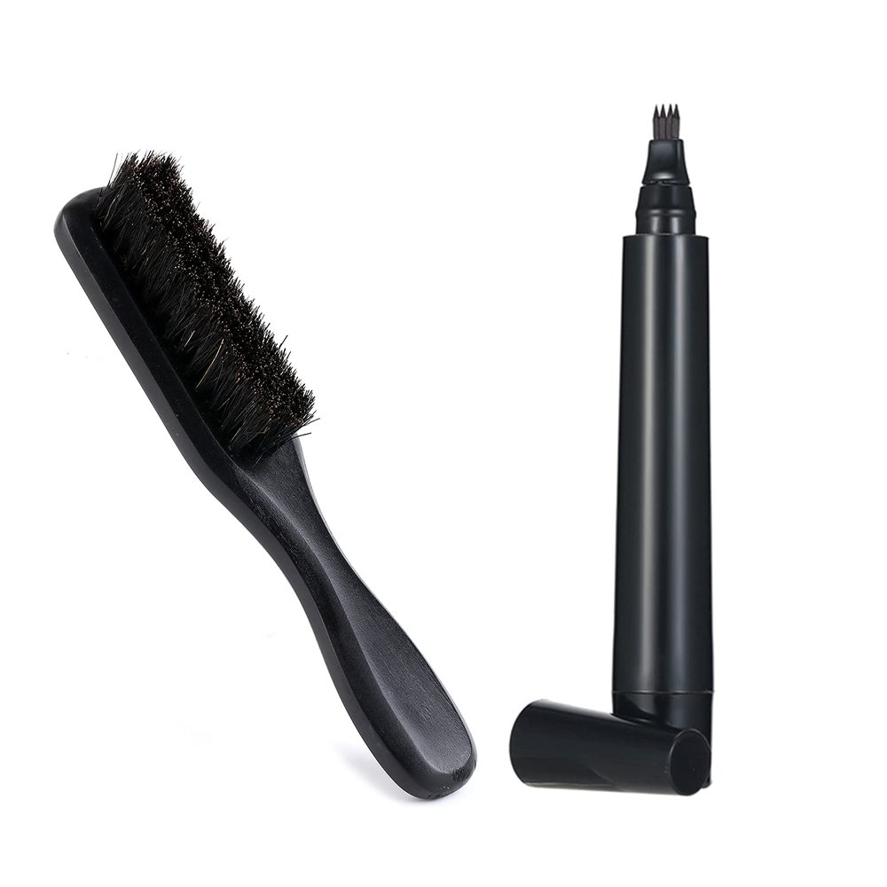 2pcs Beard Pencil Filler Kit Beard Pen and Wooden Beard Brush Moustache Filling Pen Waterproof Men Beard Makeup(Black) -Layfoo