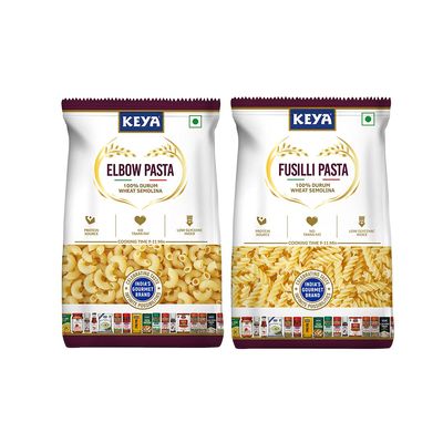 Keya No Maida 100% Durum Wheat Pasta Combo, Fusilli Pasta 400gm, Elbow Pasta 400gm, Pack 2
