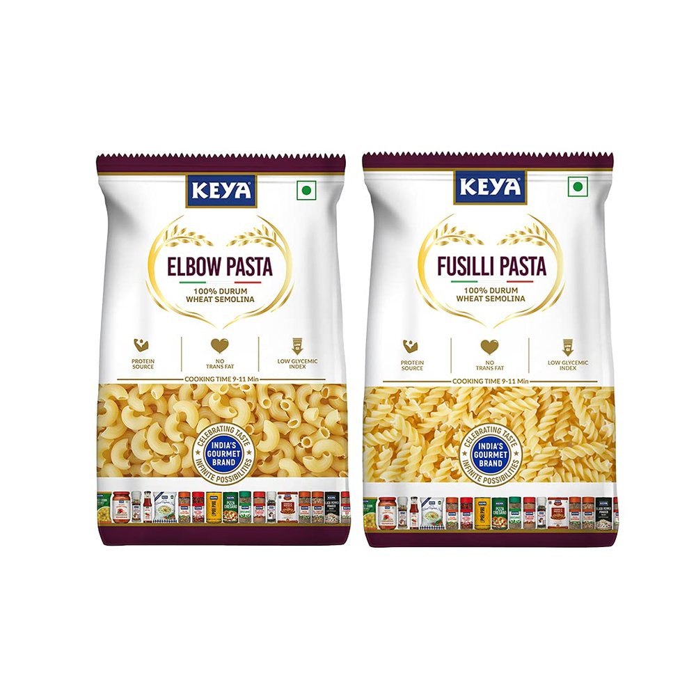Keya No Maida 100% Durum Wheat Pasta Combo, Fusilli Pasta 400gm, Elbow Pasta 400gm, Pack 2