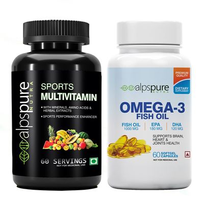 Alpspure Nutra Combo Sports Multivitamin 60 Tablets & Omega 3 Fish Oil 1000 mg 60 Softgel Capsules (180 EPA & 120 DHA) | Supports Healthy Heart & Joints | Sports Performance Enhancer with Amino acids