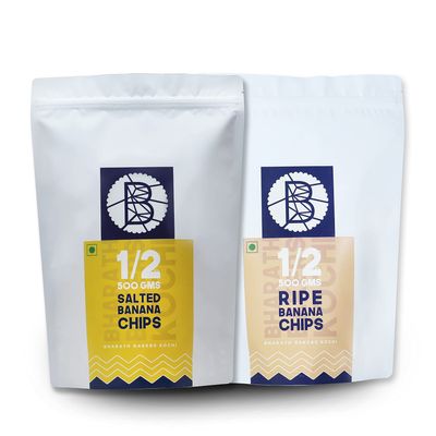 Bharath Bakers Kochi- Salted & Ripe Banana Chips Combo- 1000 Grams - (Banana Chips (Salted) 500 GMS X 1 & Banana Chips (Ripe) 500 GMS X 1)- No Preservatives