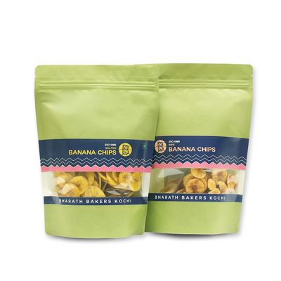 Bharath Bakers Kochi- Banana Chips 2 in 1 Combo- Salted & Ripe (Medium Combo)- Pack of 2 - 500 Grams- Banana Chips (Salted) 250 GMS X 1 & Banana Chips (Ripe) 250 GMS X 1