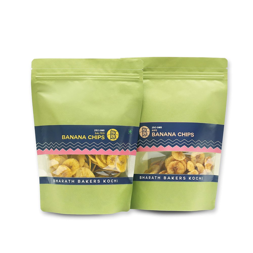 Bharath Bakers Kochi- Banana Chips 2 in 1 Combo- Salted & Ripe (Medium Combo)- Pack of 2 - 500 Grams- Banana Chips (Salted) 250 GMS X 1 & Banana Chips (Ripe) 250 GMS X 1