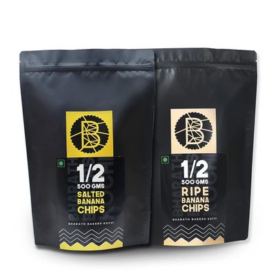 Bharath Bakers Kochi- Banana Chips 2 in 1 Combo- Salted & Ripe (Large Combo)- Pack of 2 - 1 kg / 1000 Grams- Banana Chips (Salted) 500 GMS X 1 & Banana Chips (Ripe) 500 GMS X 1